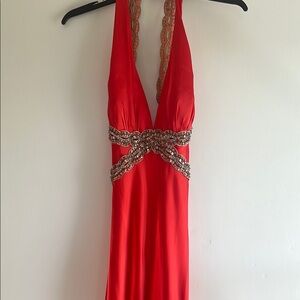Betsy & Adam Red Prom Dress with Silver Accents